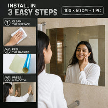 A woman looking in a mirror with three steps for installation: clean, peel, and press.