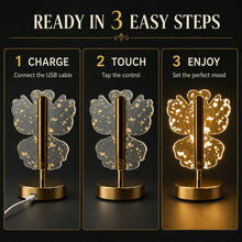Three steps demonstrating how to use the golden butterfly lamp: charge, touch, and enjoy.