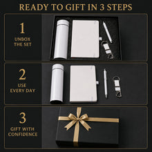 Three-step infographic showing unboxing, daily use, and gifting of the 4-in-1 white office set.