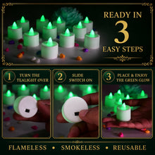 Usage guide for the green flameless LED tealights.