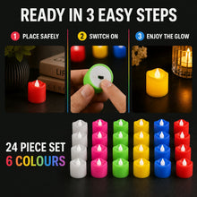 A three-step guide on how to use the LED tealight candles, showing placement, switching on, and enjoying the glow.