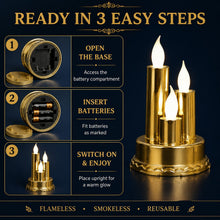 A graphic showing three steps to set up the golden triple LED flameless candle lamp: open, insert batteries, switch on.