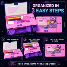 Infographic demonstrating three easy steps to organize items in the pink space-themed pencil box.