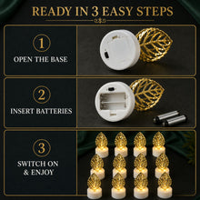 Three-step instruction guide showing how to open the base, insert batteries, and switch on the leaf LED candles.