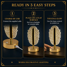 Three panels demonstrating how to charge, place, and turn on the feather-shaped crystal lamp.