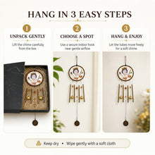 A three-step guide shows how to unpack, choose a spot, and hang the Krishna wind chime for enjoyment.