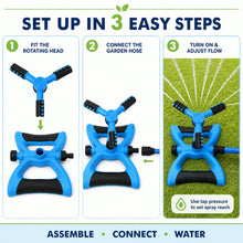 Usage guide for the blue and black rotating lawn sprinkler