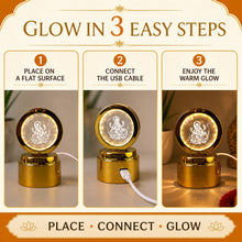 A three-step graphic showing how to use the Ganpati 3D crystal light: place, connect USB, and enjoy the glow.