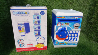 Electronic piggy bank featuring a password lock and automatic bill feeder.