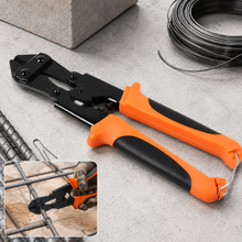 Black and orange mini bolt cutters with a coil of wire and rebar in the background.