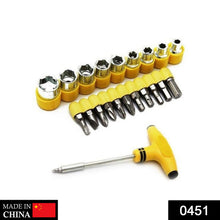 A 21-piece T-shape ratchet socket set with yellow handles and silver bits, on a white background.