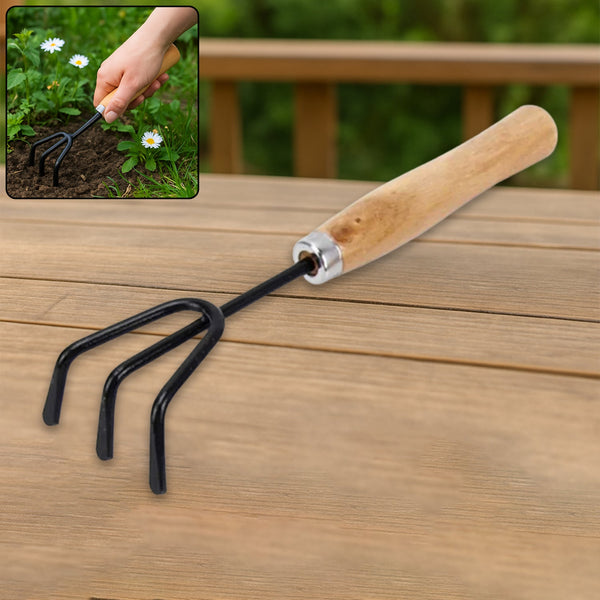 Durable black steel hand cultivator for efficient gardening tasks.