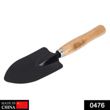 Hand digging trowel with steel blade and black grip.