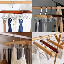 Organivo 8-hook wooden hanger showcasing its 360° rotating hooks for versatile storage.