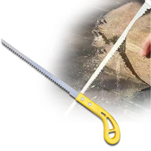 A yellow-handled pruning saw is shown with a blurred background of it cutting wood.