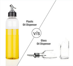 Clear 1 litre oil dispenser on a kitchen counter, ready for use.