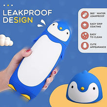Hand holding a blue penguin water bottle, with text 