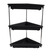 Side view of plastic corner storage rack with 3-layer shelves