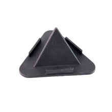 A black pyramid-shaped mobile stand with three support ledges is shown against a white background.