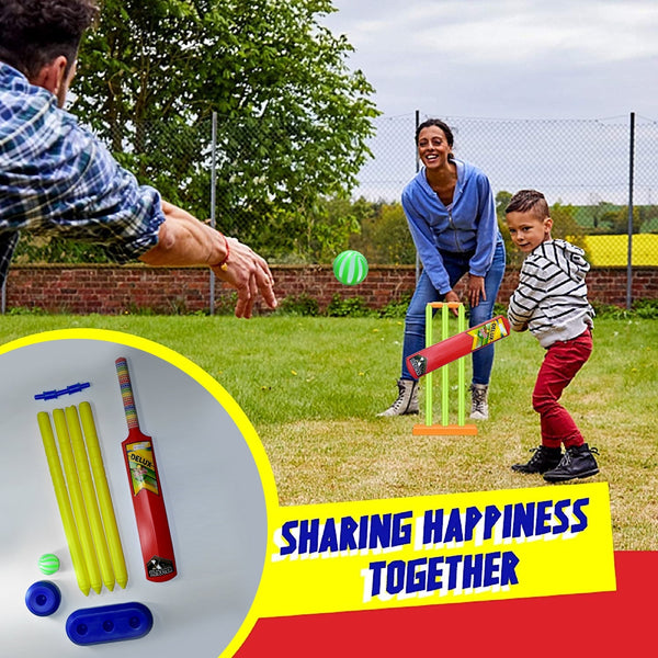 Complete junior cricket set laid out, featuring the bat, ball, stumps, and base for young players.