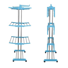 Close-up of the smooth-rolling wheels on the portable clothes drying stand.