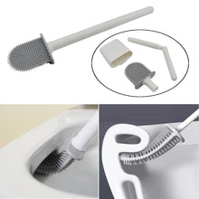 The gray silicone toilet brush is shown assembled, disassembled, and cleaning inside a toilet bowl and under the rim.