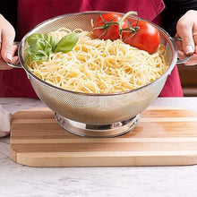 Top view of stainless steel mesh colander showing large capacity with handles