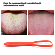 Person demonstrating the use of the plastic tongue cleaner for maintaining fresh breath.