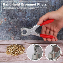 A hand holding red-handled grommet pliers over a pile of gold eyelets, with two circular insets showing pliers detail.