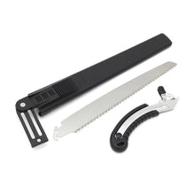 Hand pruning saw with its protective cover, ensuring safe storage.