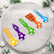 Close-up of the sports-inspired cheese knife set with various blades.