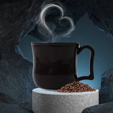 Elegant black plastic coffee mug, versatile for both hot coffee and cold drinks.