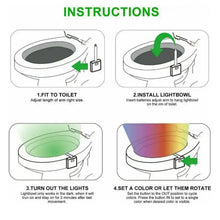 Four-panel instruction diagram illustrating how to fit, install, activate, and set the color of the toilet light.