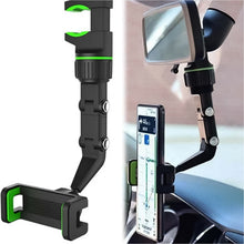 A black and green phone holder with a wide clamp on the left, and on the right, the holder attached to a car mirror with a