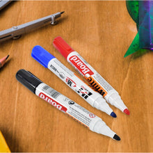 Blue, black and red whiteboard markers with a handy board duster