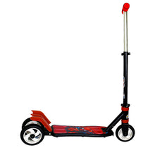 A child happily rides a vibrant 3-wheel kids scooter on a paved path outdoors.