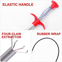 Close-up of the red elastic handle, four-claw extractor, and rubber-wrapped flexible shaft of the drain cleaner.
