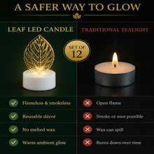Comparison chart highlighting the benefits of a leaf LED candle versus a traditional tealight.