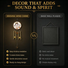 A graphic comparing the Krishna wind chime with a basic wall plaque, highlighting the sound and spirit features.
