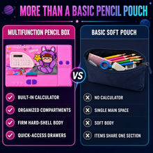 Infographic comparing the pink multifunction pencil box with a basic soft pouch, highlighting features.