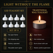 A graphic comparing an LED tealight set of 8 with a traditional wax tealight, highlighting flameless and reusable features.