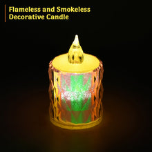 Smokeless LED tea light candles illuminating a traditional Indian decor setup.
