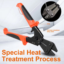 Black and orange mini bolt cutters with text highlighting 