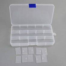 Compact and portable 15-grid plastic organiser for rings, earrings, and small trinkets.