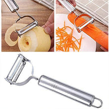Components of stainless steel 3-in-1 peeler set displayed for kitchen prep