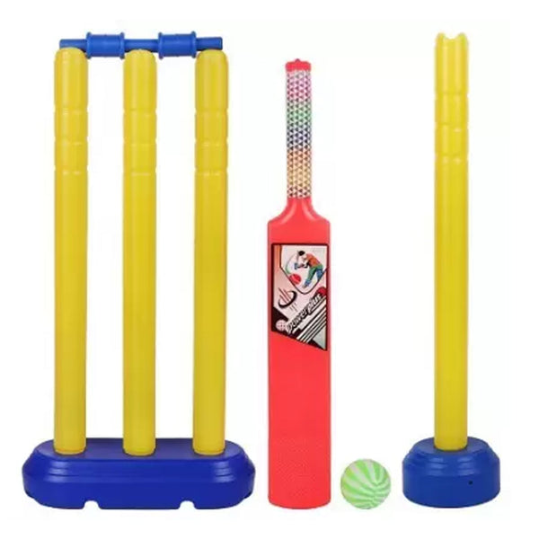 Young child happily playing with the colorful plastic cricket set outdoors, demonstrating its ease of use.
