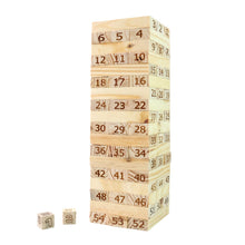 Stacking tower game using natural wooden blocks with numbers