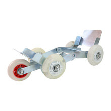 A silver metal roller stand with four white wheels and red accents is isolated on a white background.