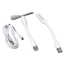 White USB fan, LED light, and charging cable arranged on a plain white background.
