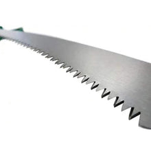 Close-up of the sharp, silver teeth of the pruning saw blade against a white background.